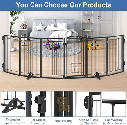 Metal Freestanding Dog Gate with Cat Door for Indoor&Outdoor,120" Extra Wide Foldable Pet Gate,36" Tall Foldable Indoor Dog Fence for Wide Openings Stairs,Deck,Yard,Doorways(6 Panels,Black)
