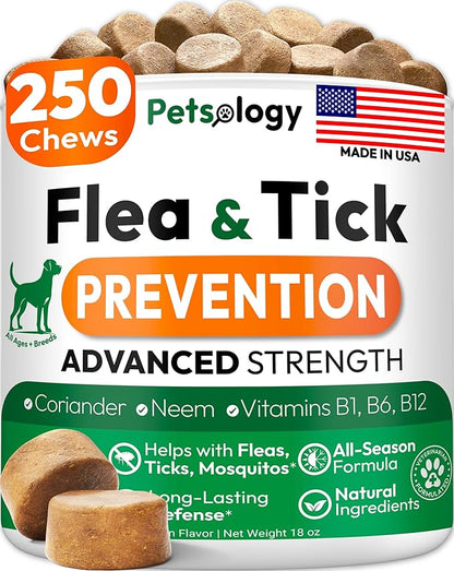 Flea and Tick Prevention for Dogs Pills - 250 Soft Chews - Natural Dog Flea & Tick Control - Oral Defense Treatment for Dogs Supplement - Vet Formulated Chews - All Breeds & Ages - Made in USA