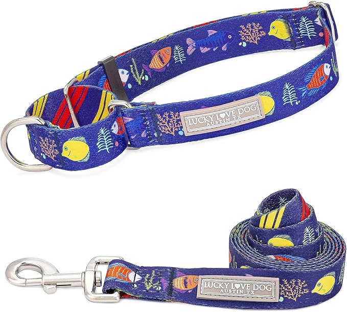Lucky Love Dog Tropical Fish Pattern Martingale Collar and Leash Set, Blue Color No Slip Collars for Small Dogs, Great for Whippets, Greyhounds, and More (Mackey, Small - Combo)