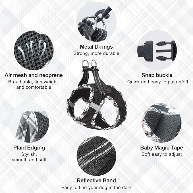 BEAUTYZOO Step in Dog Harness and Leash Set,Reflective Dog Harness No Pull No Choke Puppy Harness for Small Medium Large Dogs Cats,Soft Padded Mesh Vest Harnesses for Girl and Boy Pets,Black Plaid S