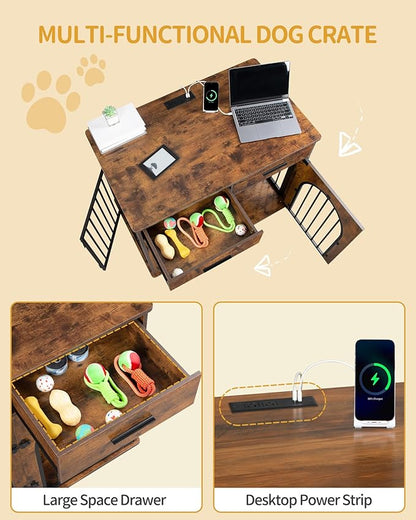 Hzuaneri 39.4'' Dog Crate Furniture with 2 Drawers, Indoor Dog Kennel with Charging Station, Wooden Dog Cage Side End Table Kennel for Medium/Large Dogs, Rustic Brown DFC84201B