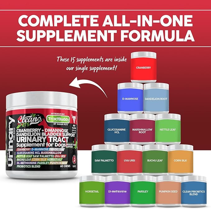 Clean Pets Cranberry for Dogs Urinary Tract Support | D-Mannose UTI Bladder Stones Dandelion Glucosamine HCL Marshmallow Nettle Leaf Saw Palmetto Uva Ursi Buchu Horsetail Methionine Parsley Supplement