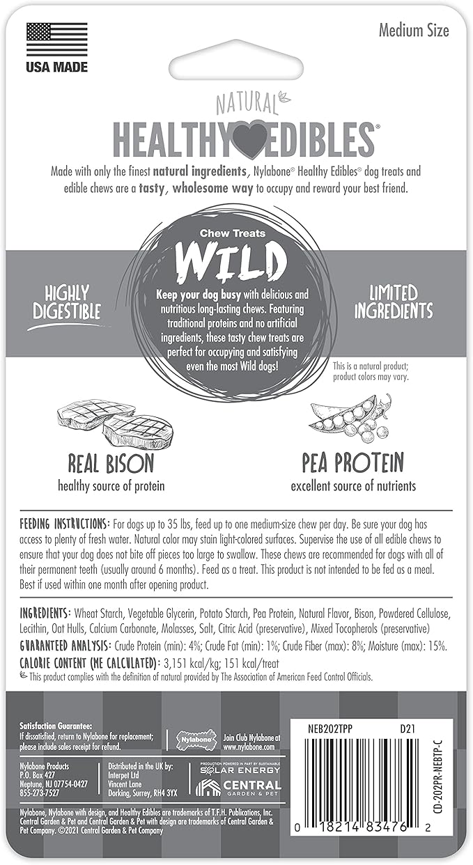 Nylabone Healthy Edibles WILD Natural Dog Chews, Long Lasting Bones for Dogs, Bison Flavor Dog Treats, Medium (2 Count)