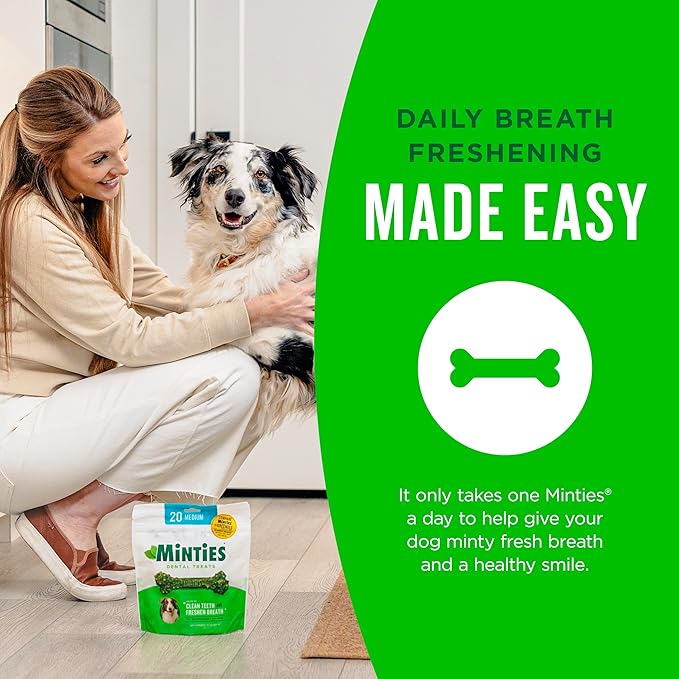 Minties Dental Chews for Dogs, 20 Count, Vet-Recommended Mint-Flavored Dental Dog Treats for Medium Sizes 25-50 lbs, Bones Clean Teeth, Fight Bad Breath, and Removes Plaque and Tartar