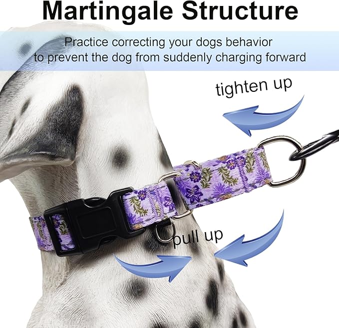 Reflective Martingale Collar for Dogs with Quick Release Buckle Cute Girl Female Flower Dog Collars (Lavender Floral, Medium)