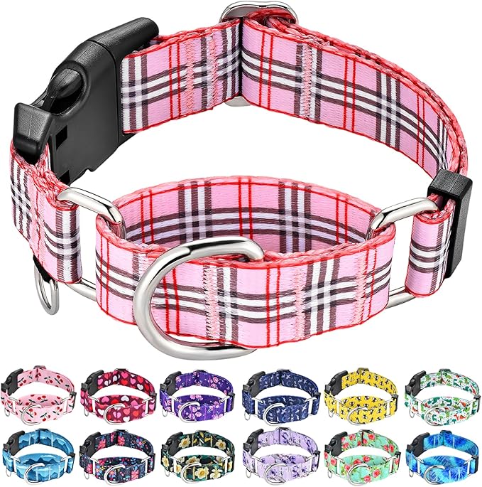 Martingale Collar with Quick Release Buckle Cute Girl Female Training Dog Collars (Pink Plaid, Small)