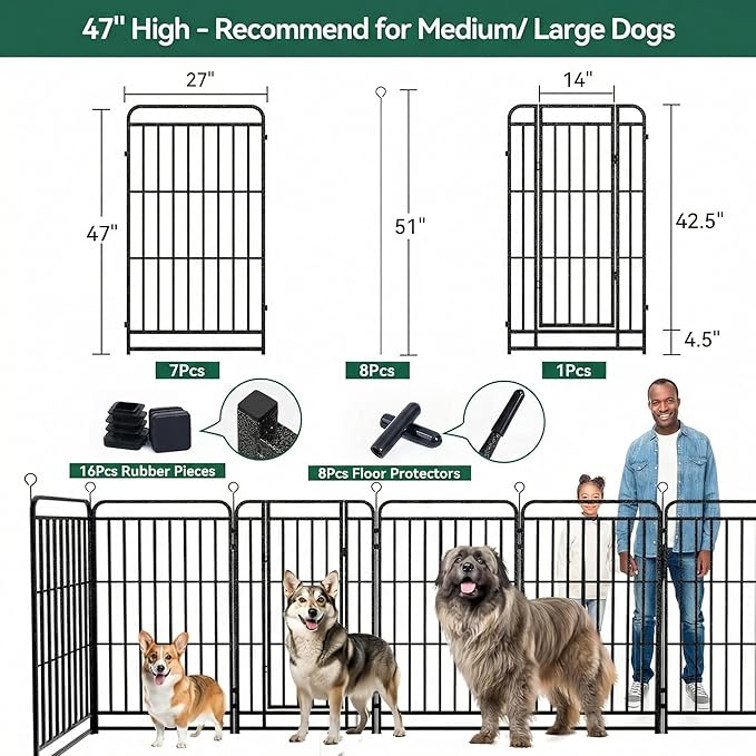 Dog Playpen Outdoor 12 Panels 47'' Rustproof Metal Dog Fence with Gate Small Medium Portable Large Dog Play Pen 27FT 106 Sq.ft for RV Camping, Trips, Play Yard