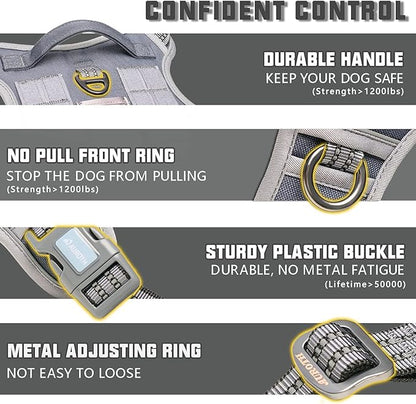 Auroth Tactical Dog Harness for Large Dogs No Pull Adjustable Pet Harness Reflective K9 Working Training Easy Control Pet Vest Military Service Dog Harnesses Grey XL
