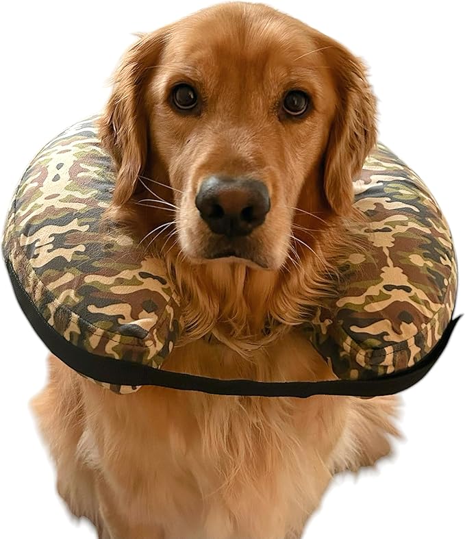 Comfy-K9 Camo Cone - Inflatable Dog Cone with Soft Camouflage Design, Adjustable Blow Up Donut, Machine Washable, Small Size Collar for Comfortable & Stylish Pet Recovery