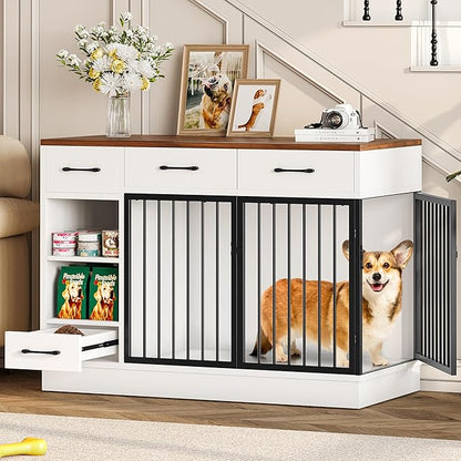 OtterOasis Large Dog Crate Furniture, 47.2'' Dog Kennel Indoor with 3 Storage Drawers and Hidden Feeding Bowl, Sturdy Wooden Dog Crate with 2 Doors and Adjustable Shelf for Small, Medium Dogs