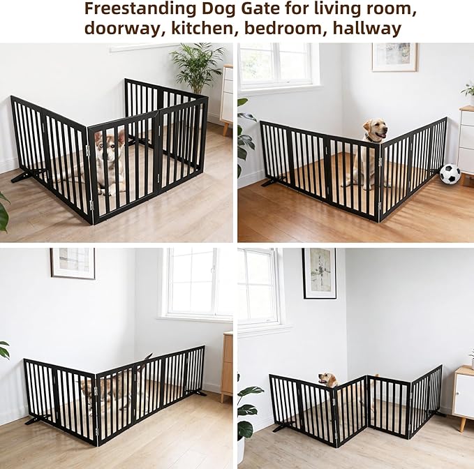 ZJSF Freestanding Indoor Dog Gate for House Foldable Wood Puppy Gate for Doorways Pet Gate for Stairs Extra Wide Pet Fence, Black, 24" Height 6 Panels