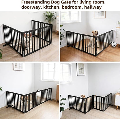 ZJSF Freestanding Indoor Dog Gate for House Foldable Wood Puppy Gate for Doorways Pet Gate for Stairs Extra Wide Pet Fence, Black, 24" Height 6 Panels