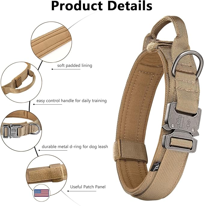 DAGANXI Tactical Dog Collar, Adjustable Military Training Nylon Dog Collar with Control Handle and Heavy Metal Buckle for Medium and Large Dogs, with Patches and Airtags Case (L, Brown)