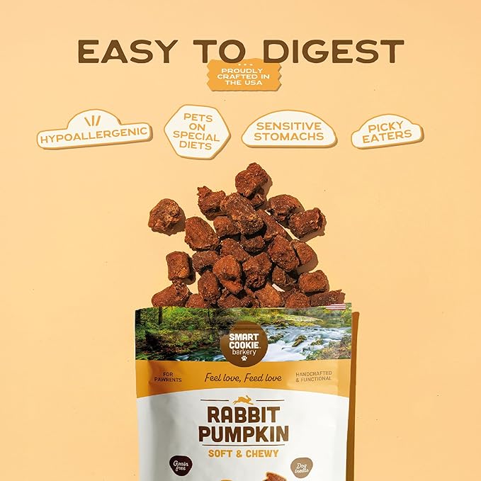 Smart Cookie All Natural Dog Treats - Rabbit & Pumpkin - Training Treats for Dogs & Puppies with Allergies, Sensitive Stomachs - Soft Dog Treats, Grain Free, Chewy, Human-Grade, Made in USA - 5oz Bag
