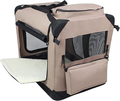 EliteField 3-Door Folding Soft Dog Crate with Carrying Bag and Fleece Bed (2 Year Warranty), Indoor & Outdoor Pet Home (36" L x 24" W x 28" H, Khaki)