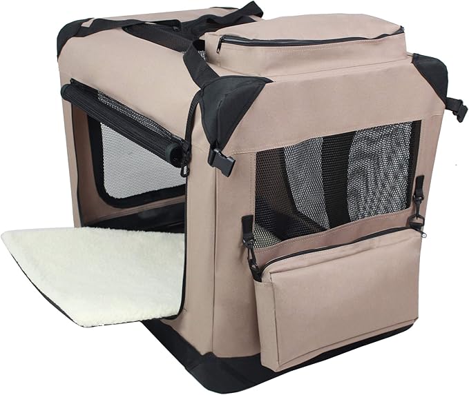 EliteField 3-Door Folding Soft Dog Crate with Carrying Bag and Fleece Bed (2 Year Warranty), Indoor & Outdoor Pet Home (30" L x 21" W x 24" H, Khaki)