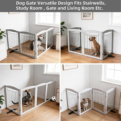 ZJSF Freestanding Dog Fence Indoor, Foldable Dog Gate for Doorways, Stairs or Hallways, Sturdy Wood Extra Wide Pet Gate with Support Feet for The House, Grey, 32 "Height-4 Panels