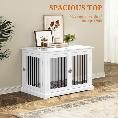 PUPETPO Furniture Style Dog Crate with Cushion, Dog Kennel Medium, Pet Crates, Dog Cage for Small and Medium Dogs, Decorative Dog Kennel with Flip-top Plate, Chew-Proof Metal Bars, White