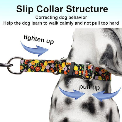 Martingale Collar with Buckle Adjustable Nylon Training No Pull Dog Collars for Large Dogs (Orange Floral, Large)
