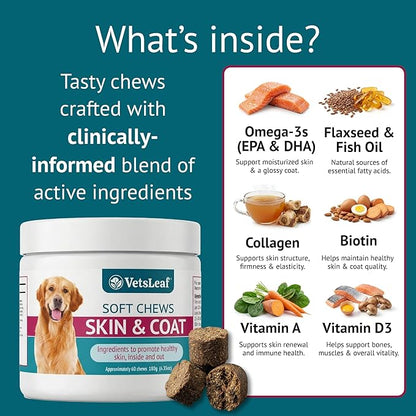 Skin & Coat Dog Chews – Collagen, Omega-3, EPA & DHA for Skin Health & Coat Shine – Antioxidant-Rich Supplement with Vitamin A & D3 – Supports Brain, Energy, and Balanced Blood Sugar