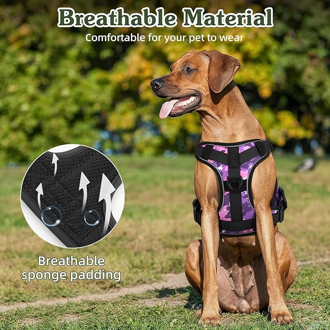 VavoPaw Heavy Duty Tactical Dog Harness for Large Dogs, No Pull Adjustable Pet Harness Reflective Service Training Easy Control Pet Vest Military K9 Working Dog Harnesses, Purple Camouflage, XL