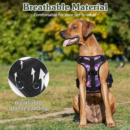 VavoPaw Heavy Duty Tactical Dog Harness for Large Dogs, No Pull Adjustable Pet Harness Reflective Service Training Easy Control Pet Vest Military K9 Working Dog Harnesses, Purple Camouflage, M