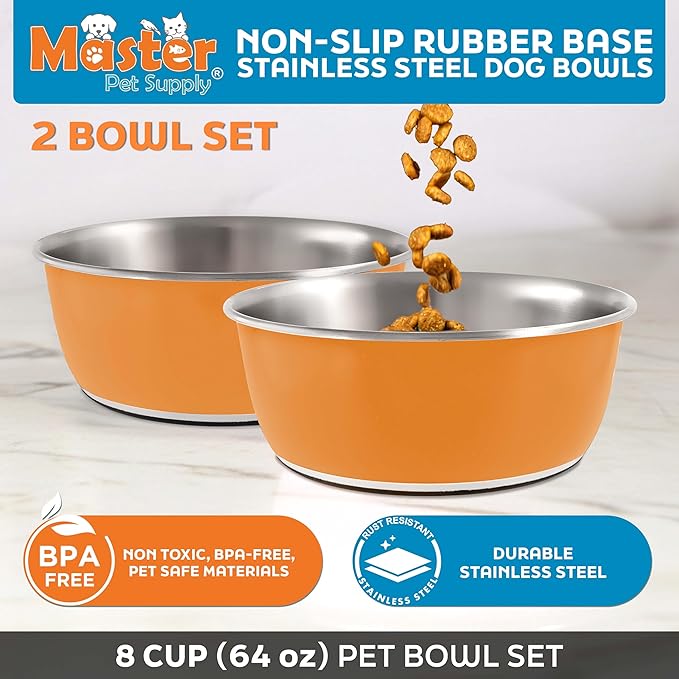 Master Pet Supply Stainless Steel Dog Bowls Set of 2 (64 Oz Each) with Non-Slip Rubber Base - Mango Tango - Basic Dog Food Bowl Water & Food Bowls for Small Medium Large Dogs & Cats, Metal Dish
