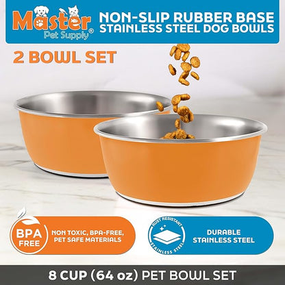 Master Pet Supply Stainless Steel Dog Bowls Set of 2 (64 Oz Each) with Non-Slip Rubber Base - Mango Tango - Basic Dog Food Bowl Water & Food Bowls for Small Medium Large Dogs & Cats, Metal Dish