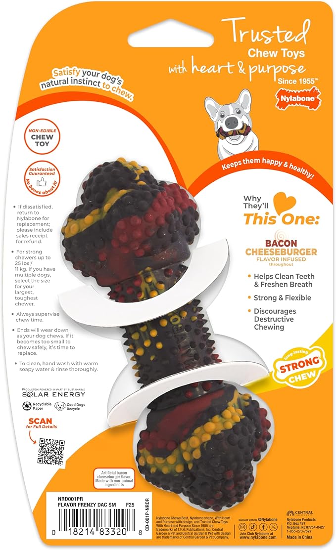 Nylabone Double Action Bone Strong Chew Toy for Dogs, Rubber Dog Toys for Moderate & Aggressive Chewers, Bacon Cheeseburger, Small - Up to 25 Ibs, 1 Count