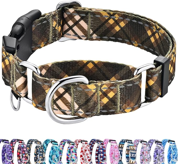 Fall Reflective Martingale Collar for Dogs with Quick Release Buckle Autumn Dog Collars (Brown Plaid, Large)