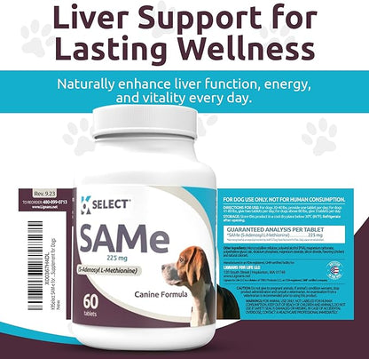 K9 Select SAM-e for Dogs: 225mg, 60 Tablets Active S-Adenosyl-L-Methionine Liver Supplement - Cognitive and Joint Health Nutrition for Medium and Large Dogs - Same Dog Liver Nutritional Supplement