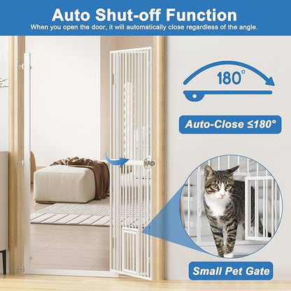 Extra Tall Cat Gate for Doorway, Adjustable Wide Dog Door with Cat Door, 1.37" Gap for Pet Gates, Suitable for Doorways or Kitchen, No Drilling Pressure Mount Kit (White, 34.3"-36.7"/87.3cm-93.3cm)