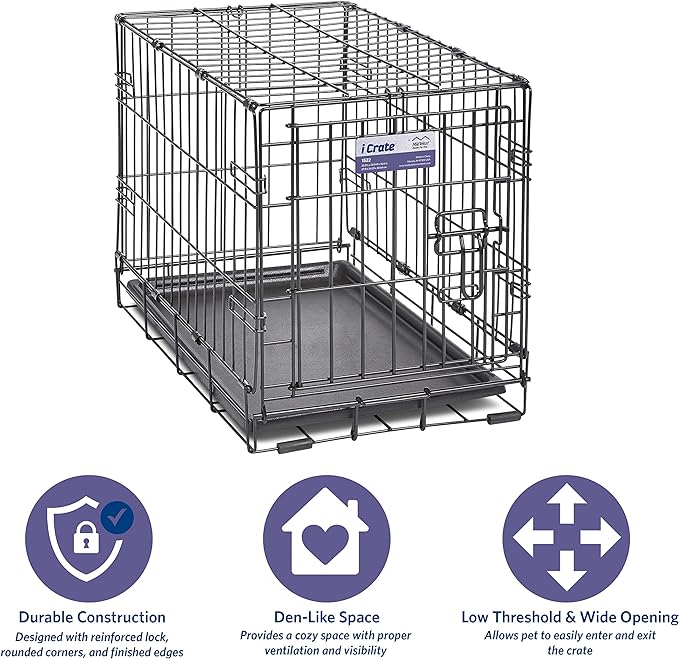 MidWest Homes for Pets 22-Inch iCrate for Extra-Small Breeds, Up to 15 lbs, Single Door Folding Dog Crate with Divider Panel, Leak-Proof Tray & Secure Latch, Portable, Durable & Easy to Assemble