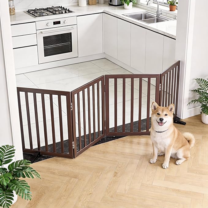 Dog Gate Indoor, Freestanding Dog Fence for The House, Doorways, Hallways,or Stairs,Pet Gate Foldable Wooden,Expandable 24" Height 4 Panels,Brown