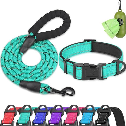 Dynmeow Reflective Dog Collar and Leash Set, 6FT Strong Climbing Rope Leash with Padded Handle, Adjustable Pet Collar with Soft Neoprene Padding for Small Medium Dogs, Teal, S