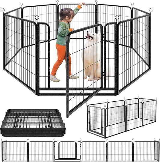 Kfvigoho Dog Playpen Outdoor Extra Wide 8 Piece Panels Heavy Duty Dog Fence 32" Height Anti-Rust with Doors Portable for RV Camping Yard, Total 21FT, 35 Sq.ft, Snowy Black