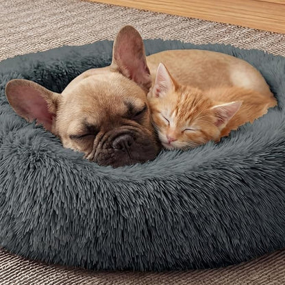 WROS Calming Dog Bed, 24" x 24" x 6" Fits Cat & Dog, Anti-Slip Round Washable Faux Fur for Doze Off, Napping Orthopedic, Dark Grey