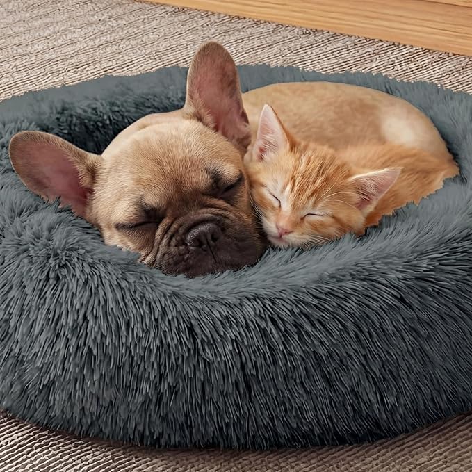 WROS Calming Dog Bed, 20" x 20" x 6" Fits Cat & Dog, Anti-Slip Round Washable Faux Fur for Doze Off, Napping Orthopedic, Dark Grey