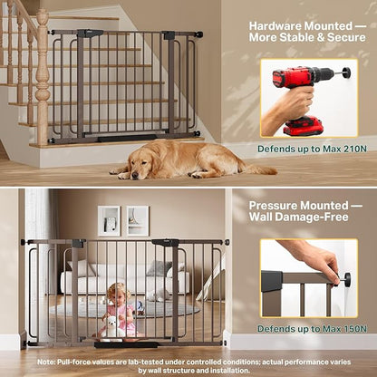 Cumbor 36.6-59" Extra Wide Baby Gate for Stairs, Pressure Mounted Dog Gate for Doorways, Auto-Close Easy Walk Through Safety Child Gate for Kids Toddler, Tall Pet Gates Indoor, Brown