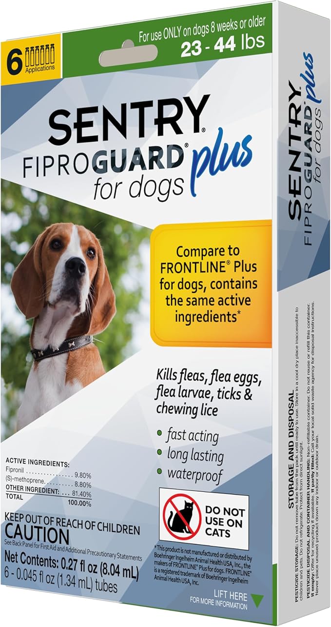 Sentry Fiproguard Plus for Dogs, Flea and Tick Prevention for Dogs (23-44 Pounds), Includes 6 Month Supply of Topical Flea Treatments