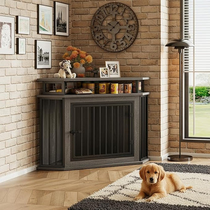 IRONCK 44" Corner Dog Crate with 2-Tier Shelves, Wooden Dog Kennel Furniture for TV Stand, Dog Kennel Indoor Furniture for Small and Medium Dogs, Rustic Brown (23.6" L x 43.3" W x 32.3" H)