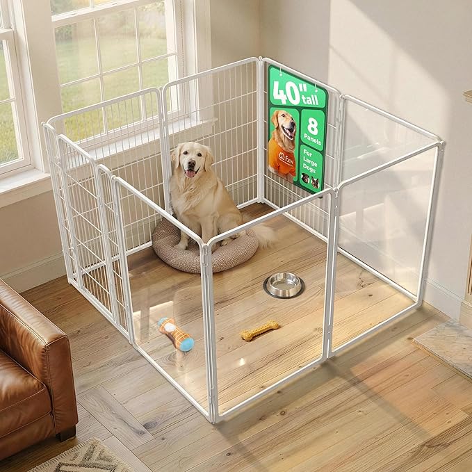 FXW AuraSpace Pro Acrylic & Wire Mesh Indoor Dog Playpen, 40" Height 8 Panels Metal Dog Pen for Medium and Large Dogs, White│Patented