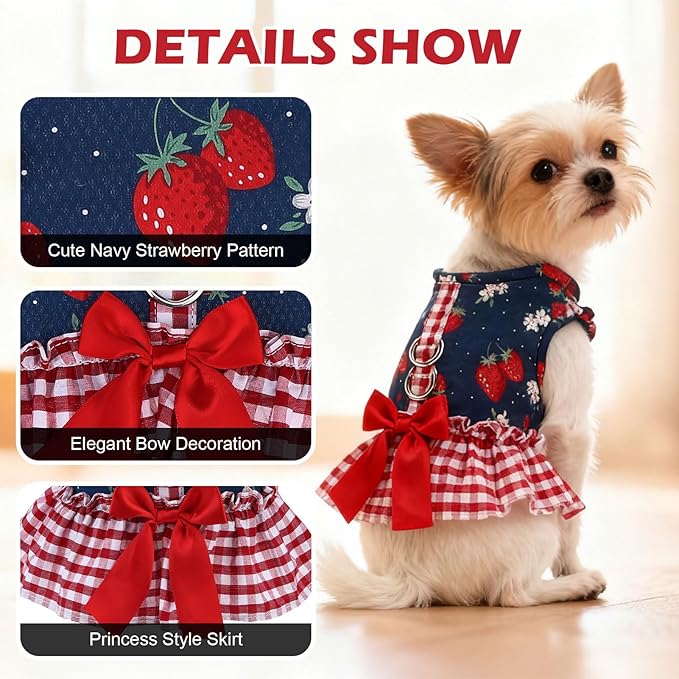 EXPAWLORER Dog Harness Small Medium Sized Dogs, Plaid Dog Dress Bowknot Harness and Leash Set, No Choke No Pull Soft Mesh Vest Cute Princess Puppy Outfits Clothes Costume for Girls Party Cats Navy S