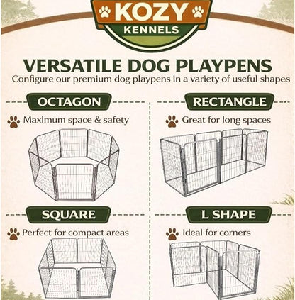 Dog Playpen w/Carrying Case for Indoor or Outdoor Use – 32 Inch, 8 Grey Panels - Portable Metal Exercise Pen for Small & Medium Dogs - Pet Fence Kennel Crate for House, RV, or Travel