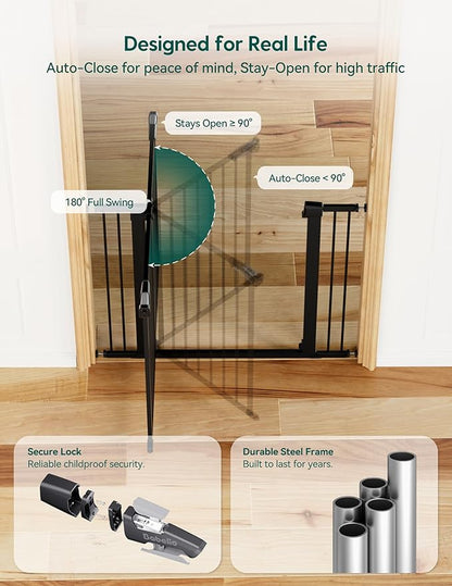 Babelio Baby Gate for Doorways and Stairs, 29-48" Auto Close Dog Gate PressGuard P7, Easy-Install Pressure Mounted Satey Door, No Drilling Safety Gate for Child and Pets, 2 Pack, Black