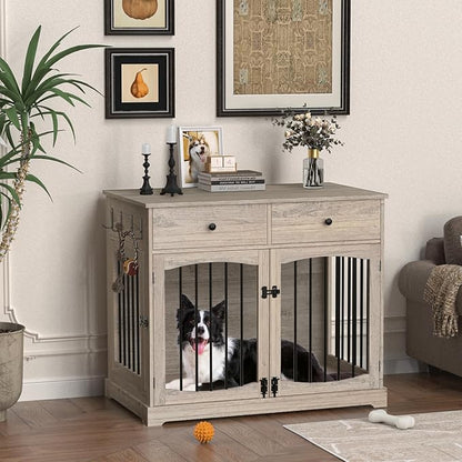 BREEZEHEAT Rustic Grey Dog Crate Furniture-40 inch Farmhouse Dog Kennel with Two Drawers-End Table Wooden Pet Crate, Decorative Dog House Indoor for Small Medium Large Dog