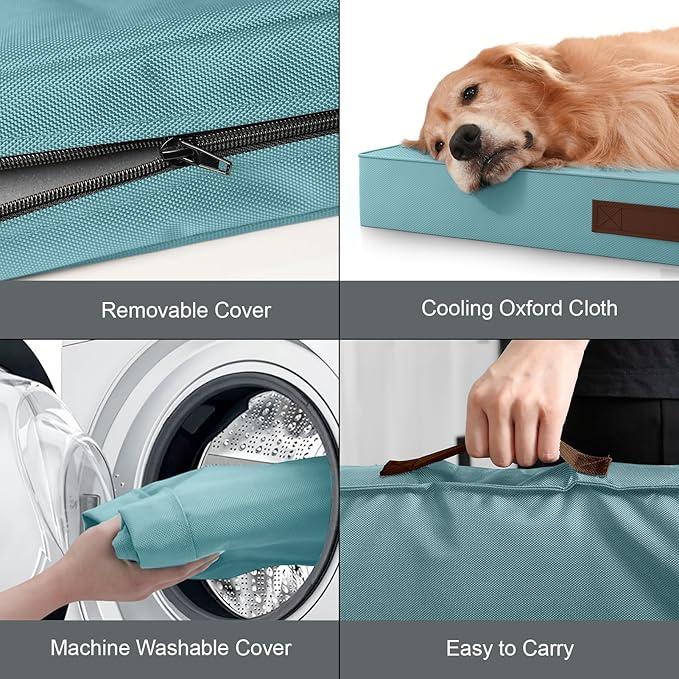Outdoor Extra Large Dog Crate Bed, XXL Waterproof Dog Bed for Giant Breeds Dogs, 47x29 Inch Orthopedic Egg Crate Foam Pet Mat with Removable Cooling Cover, Light Blue