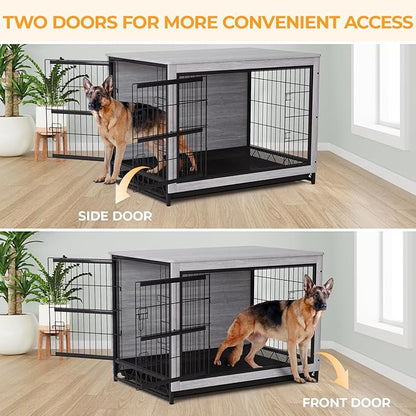 TLSUNNY Dog Crate Furniture, 44.1" Wooden Dog Kennel Indoor with 2 Doors, Heavy-Duty Dog Cage with Removable Tray, End Side Table, Modern Dog House for Large/Medium/Small Dogs, Grey