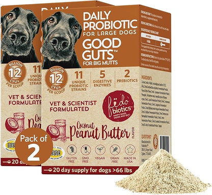 Fidobiotics Good Guts for Big Mutts Probiotic for Dogs, 12 Billion CFUs, 11 Strains, 5 Digestive Enzymes, 2 Prebiotics, Digestive Gut Health for Dogs, Adult & Puppy Probiotics Supplements, Pack of 2