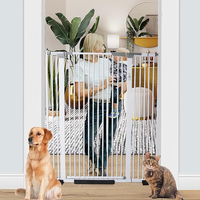 SHYUJAJIE 51.18 Inch Extra Tall Pet Gate, 29.5-43" Adjustable Wide Auto Close Dog Gates, Pressure Mounted Walk Through Tall Cat Gate for Doorways,Hallway,Stairs（White）